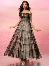 Strapless Waist-Cinched Flocked Polka Dot Tulle Evening Dress